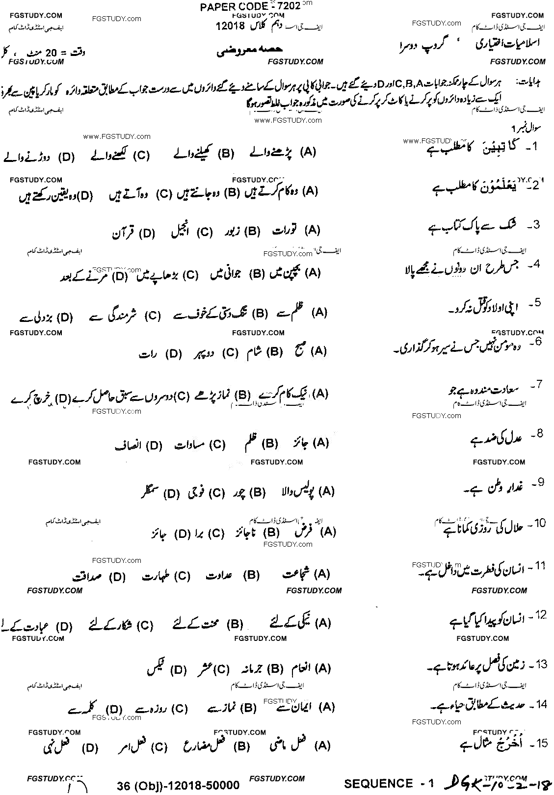 10th Class Advance Islamic Studies Past Paper 2018 Dg Khan Board Group 2 Objective