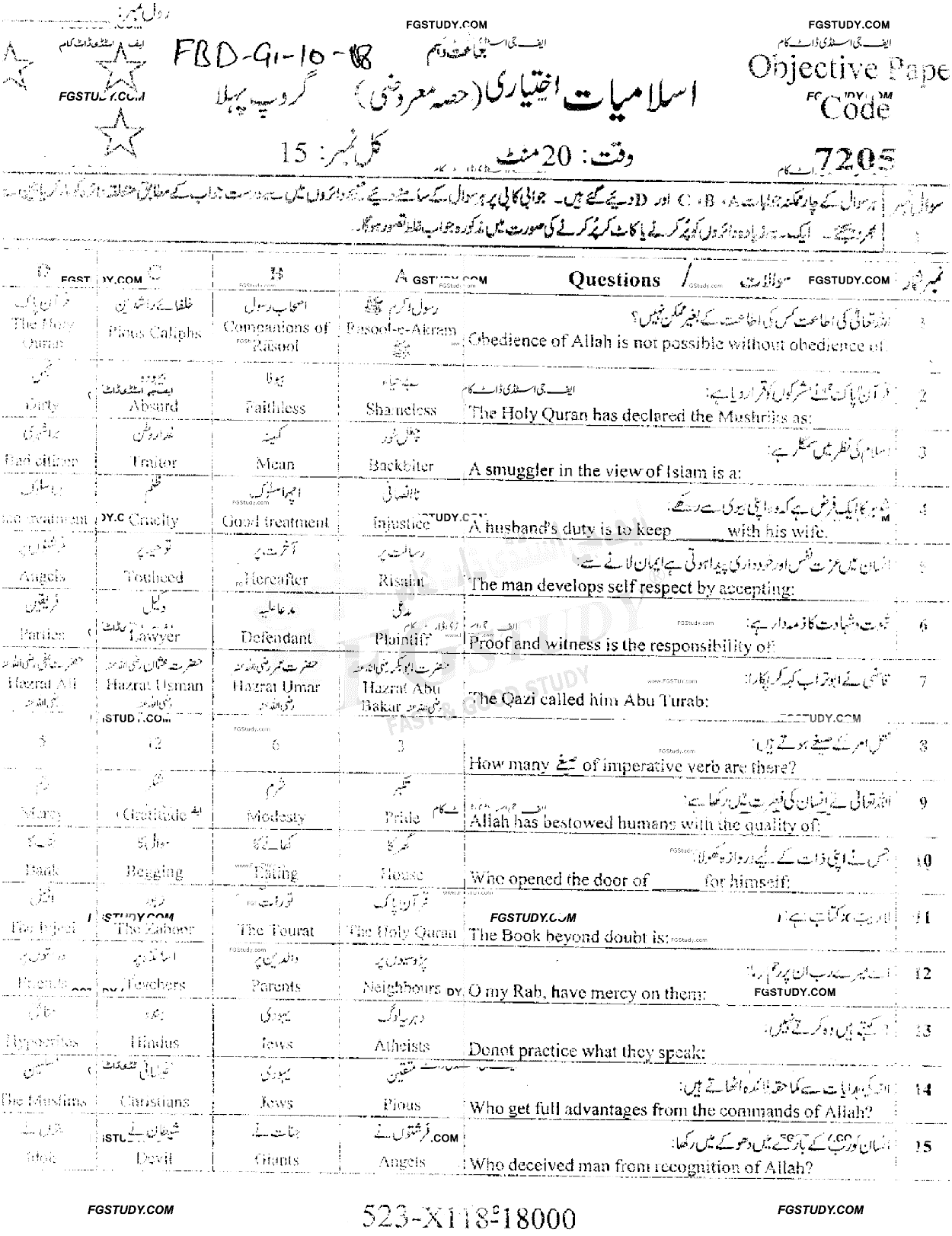 10th Class Advance Islamic Studies Past Paper 2018 Faisalabad Board Group 1 Objective