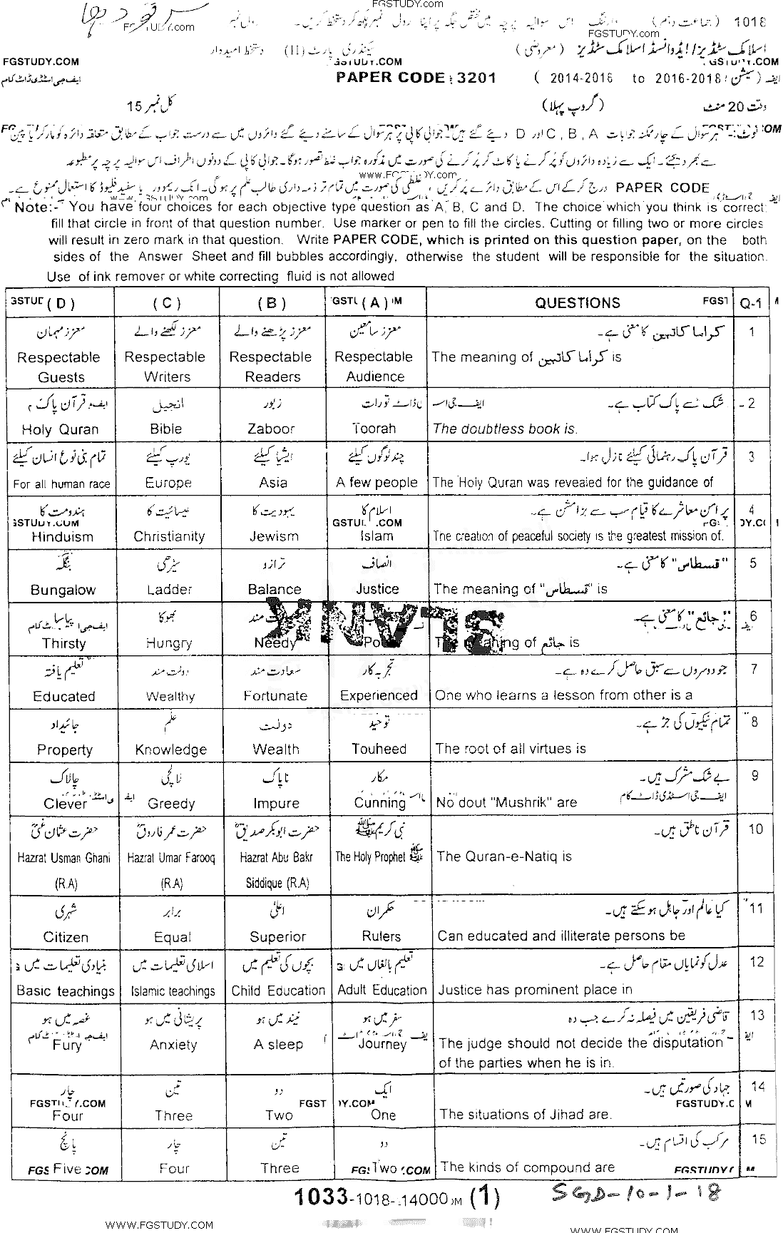 10th Class Advance Islamic Studies Past Paper 2018 Sargodha Board Group 1 Objective