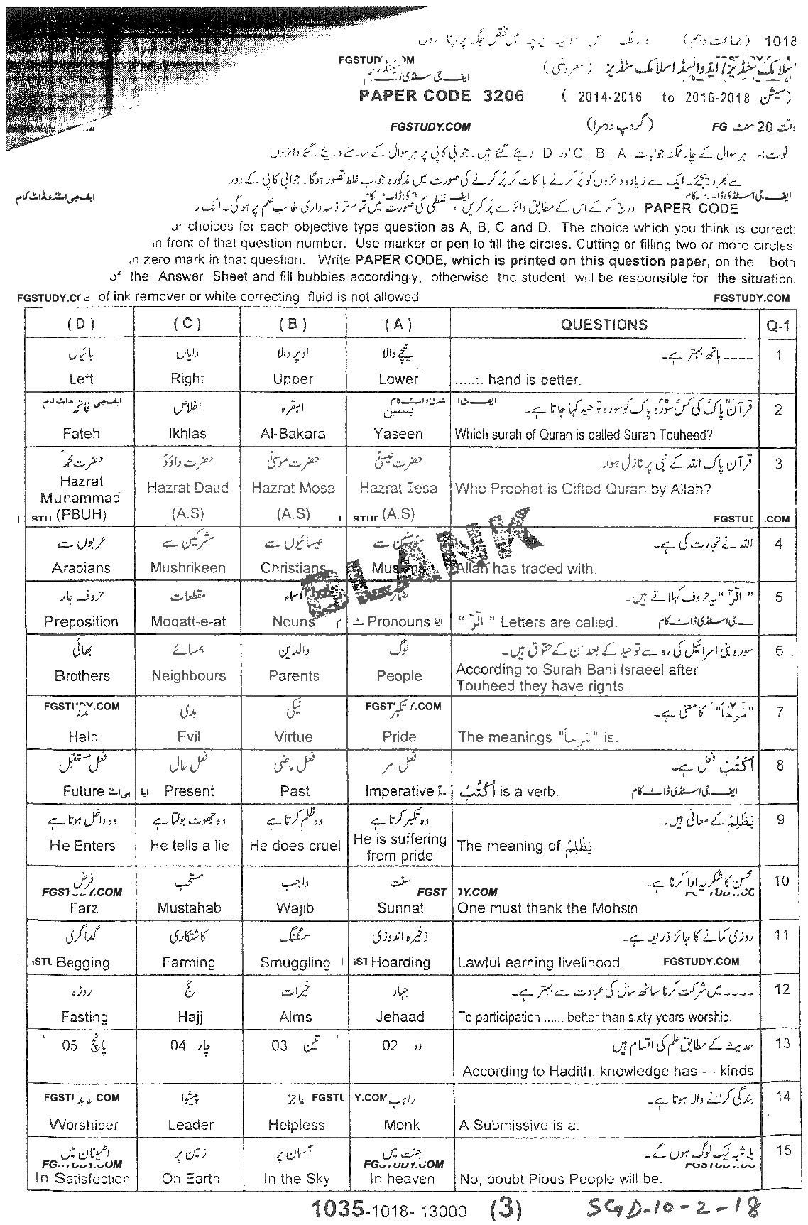 10th Class Advance Islamic Studies Past Paper 2018 Sargodha Board Group 2 Objective