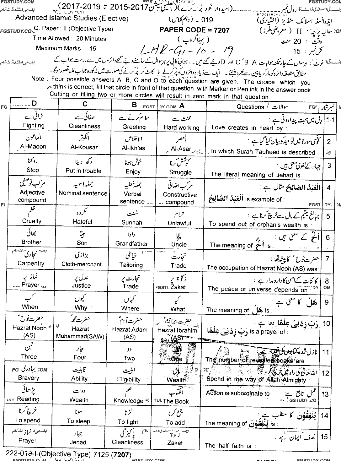 10th Class Advance Islamic Studies Past Paper 2019 Lahore Board Group 1 Objective