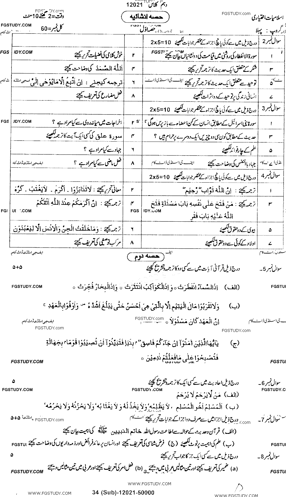 10th Class Advance Islamic Studies Past Paper 2021 Dg Khan Board Group 1 Subjective