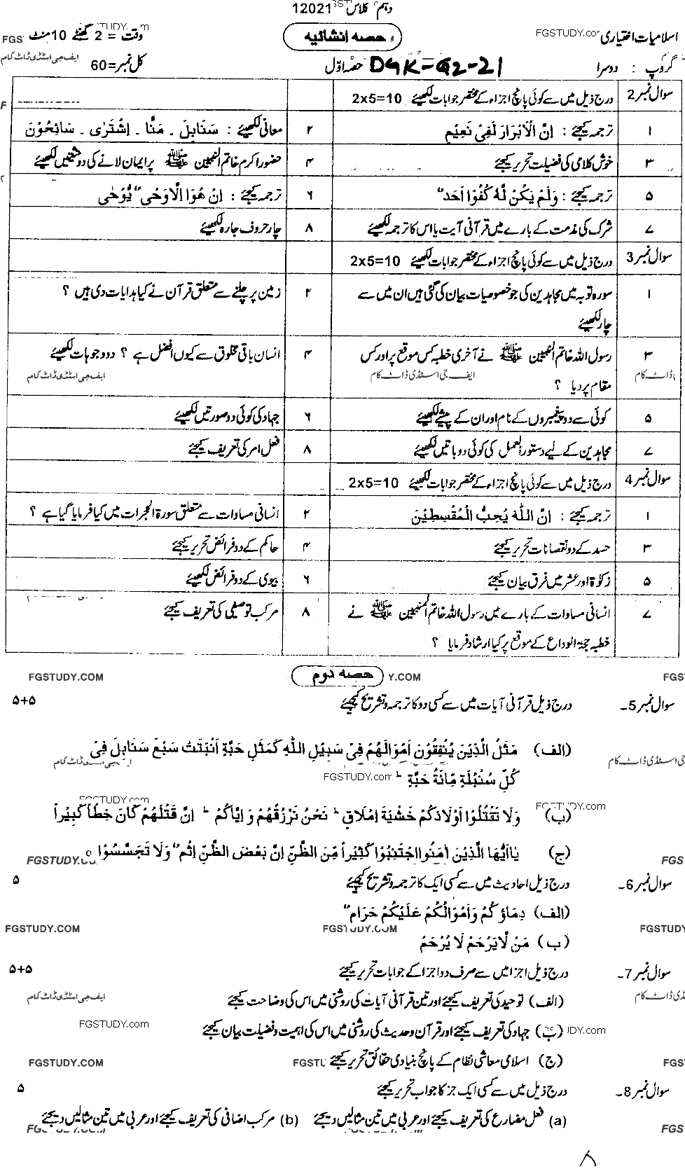 10th Class Advance Islamic Studies Past Paper 2021 Dg Khan Board Group 2 Subjective