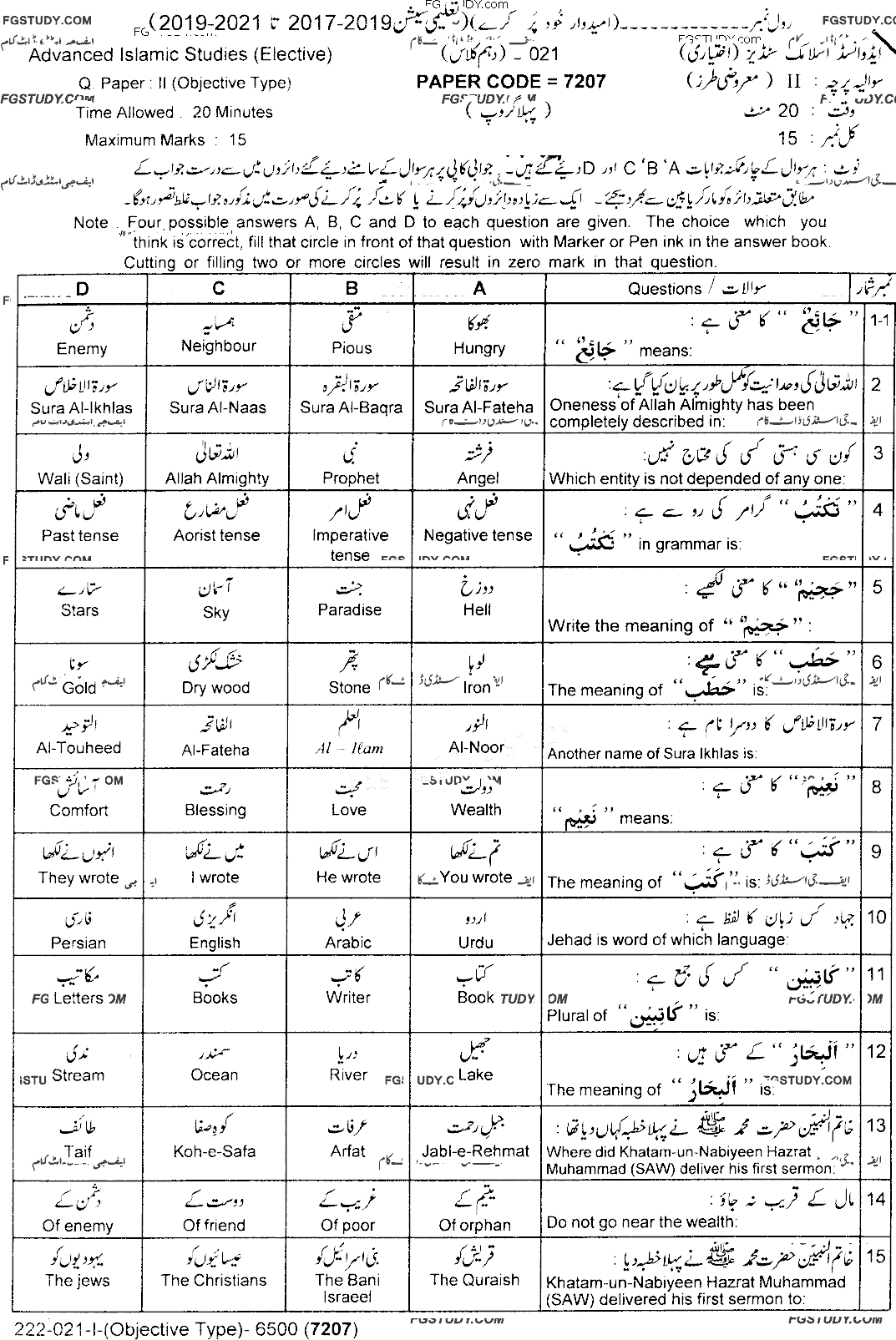 10th Class Advance Islamic Studies Past Paper 2021 Lahore Board Group 1 Objective