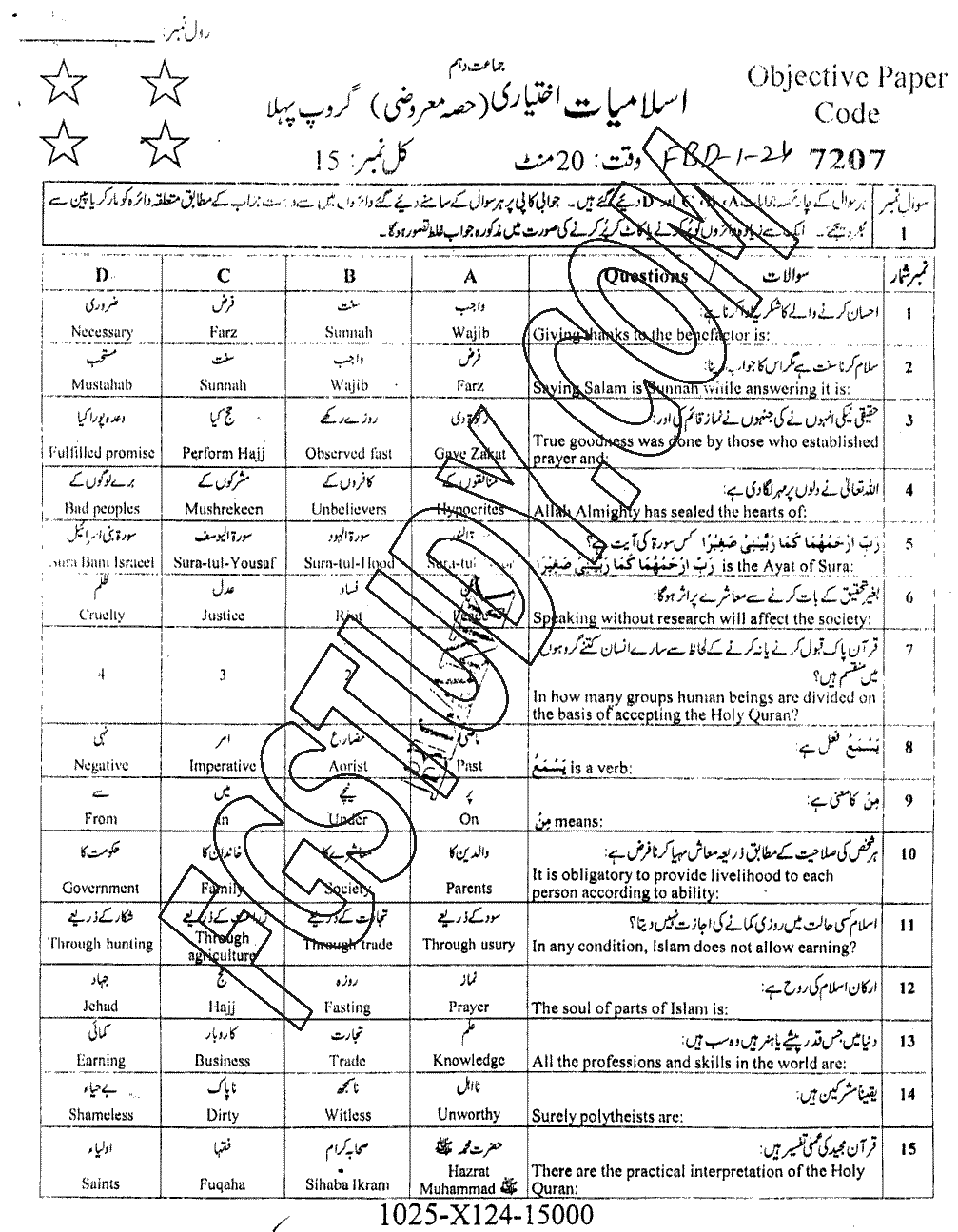 10th Class Advance Islamic Studies Past Paper 2024 Faisalabad Board Group 1 Objective