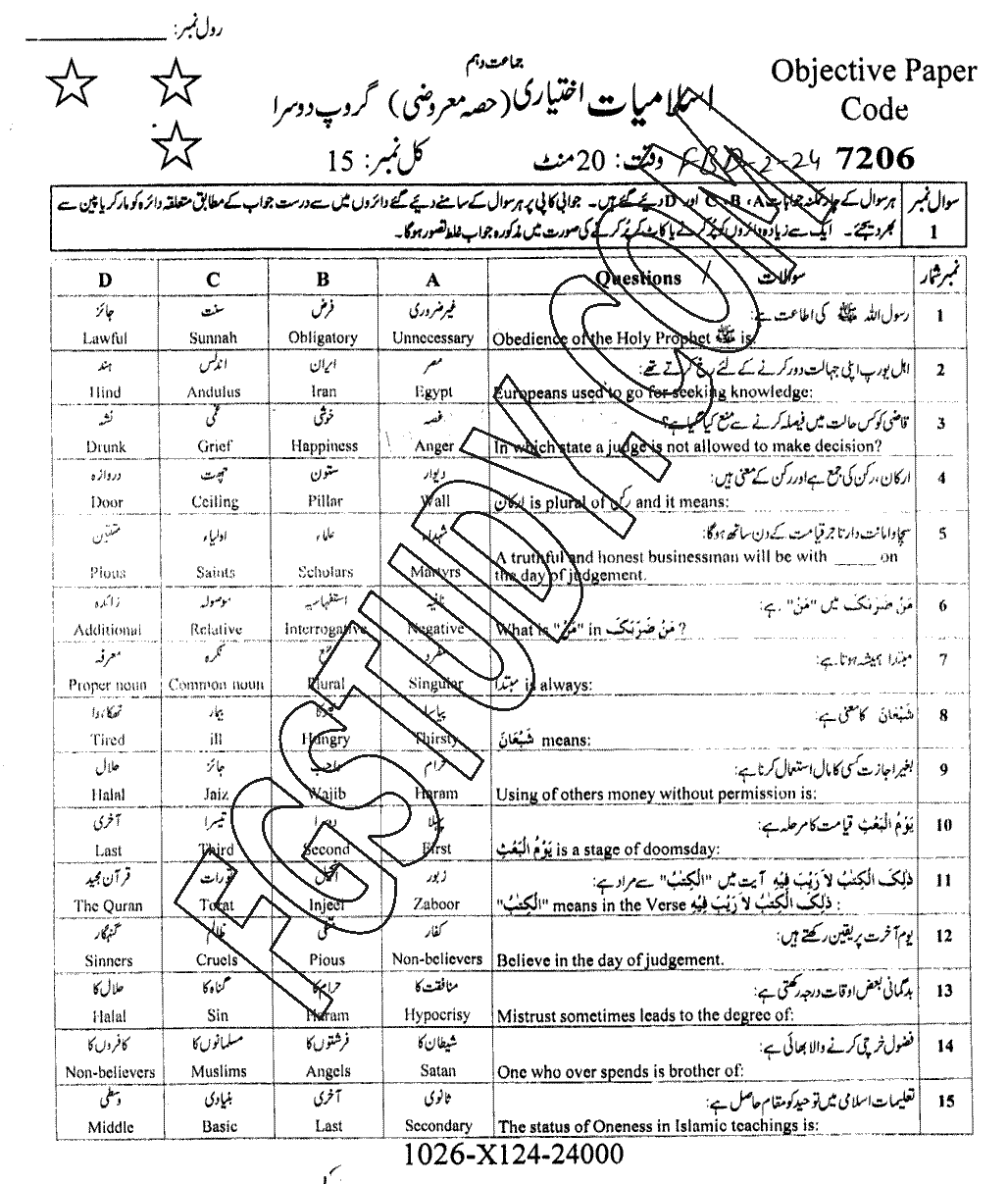 10th Class Advance Islamic Studies Past Paper 2024 Faisalabad Board Group 2 Objective