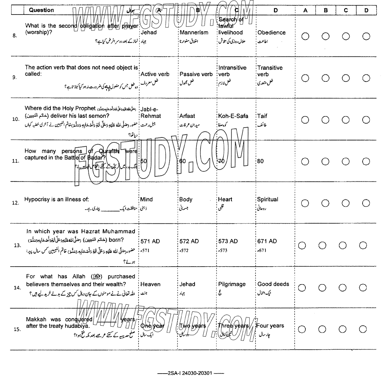 10th Class Advance Islamic Studies Past Paper 2024 Federal Board Islamabad Objective