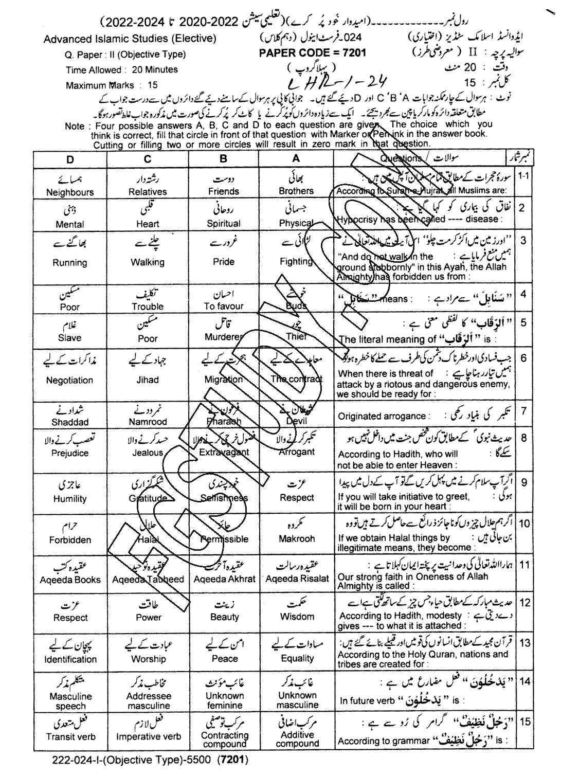 10th Class Advance Islamic Studies Past Paper 2024 Lahore Board Group 1 Objective
