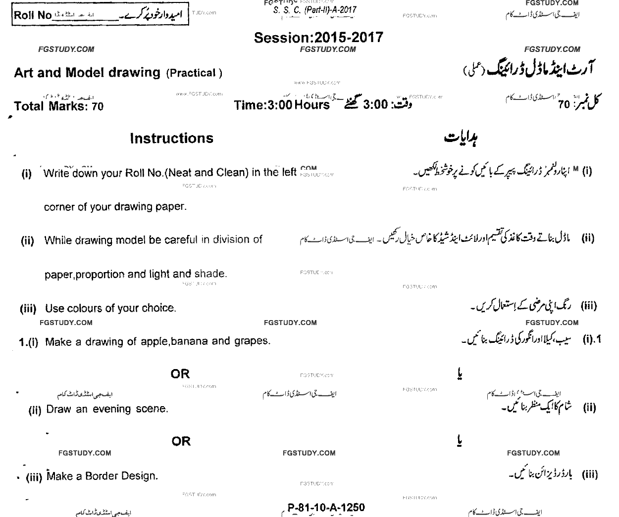 10th Class Art And Model Drawing Past Paper 2017 Rawalpindi Board