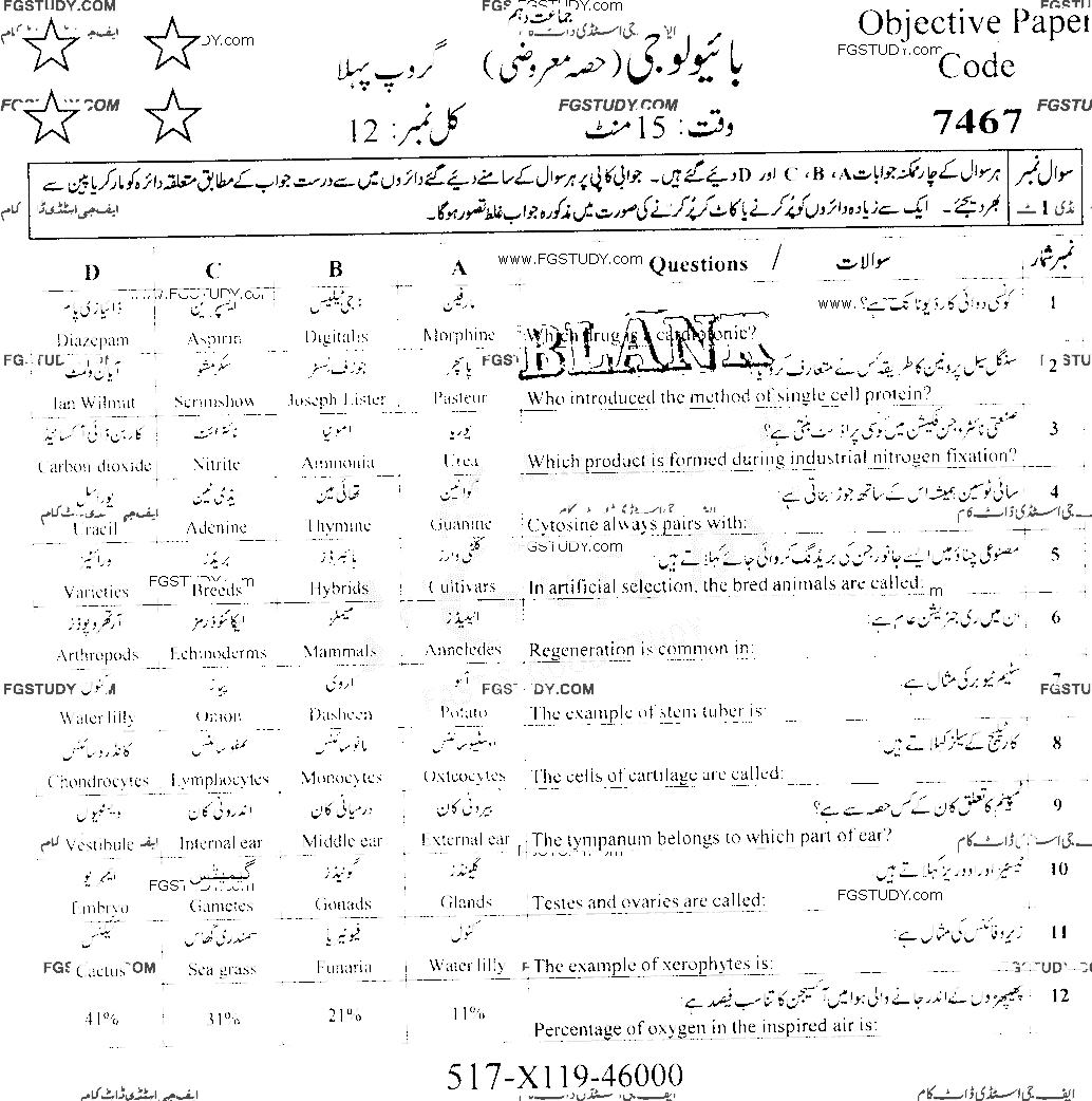 10th Class Biology Past Paper 2019 Faisalabad Board Group 1 Objective