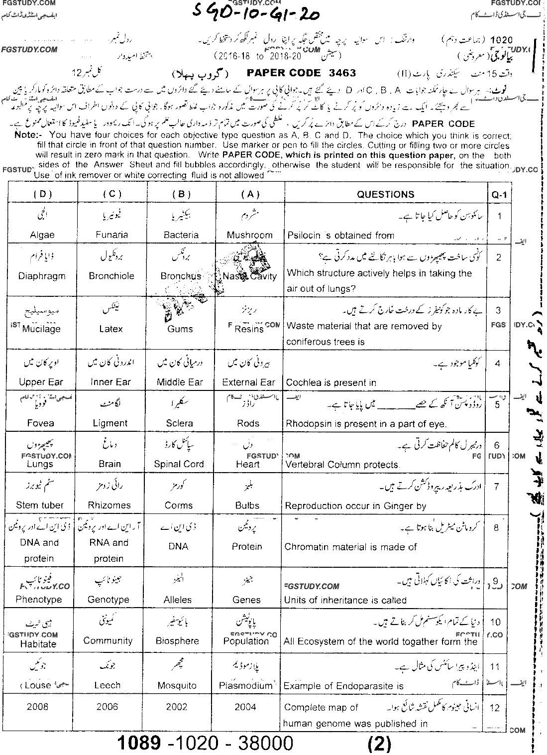 10th Class Biology Past Paper 2020 Sargodha Board Group 1 Objective