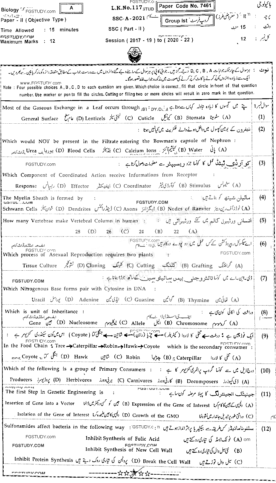 10th Class Biology Past Paper 2021 Bahawalpur Board Group 1 Objective