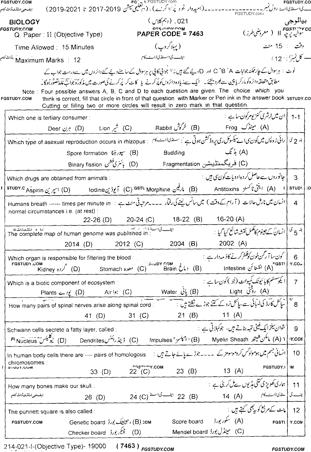 10th Class Biology Past Paper 2021 Lahore Board Group 1 Objective