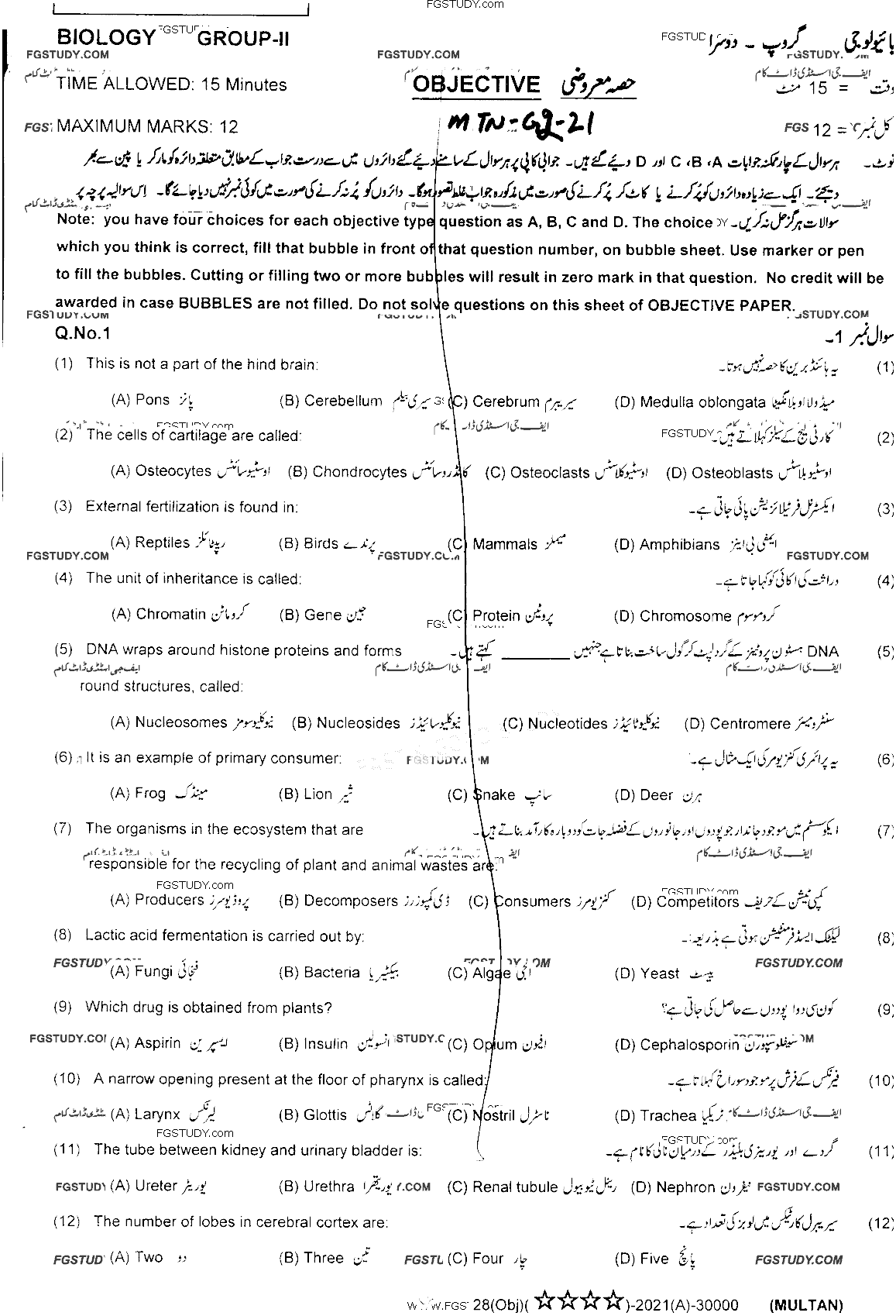 10th Class Biology Past Paper 2021 Multan Board Group 2 Objective
