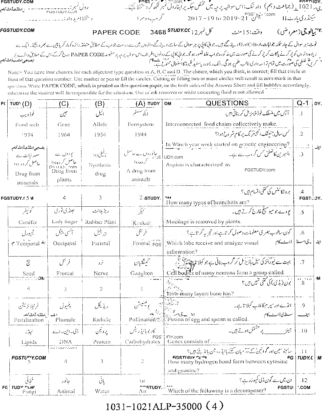 10th Class Biology Past Paper 2021 Sargodha Board Group 2 Objective