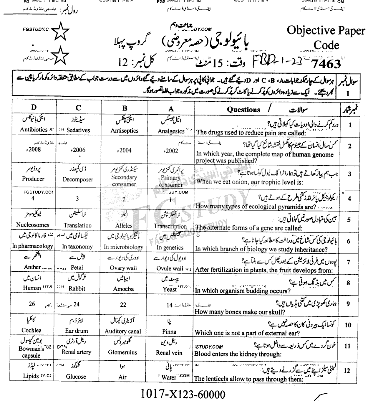 10th Class Biology Past Paper 2023 Faisalabad Board Group 1 Objective