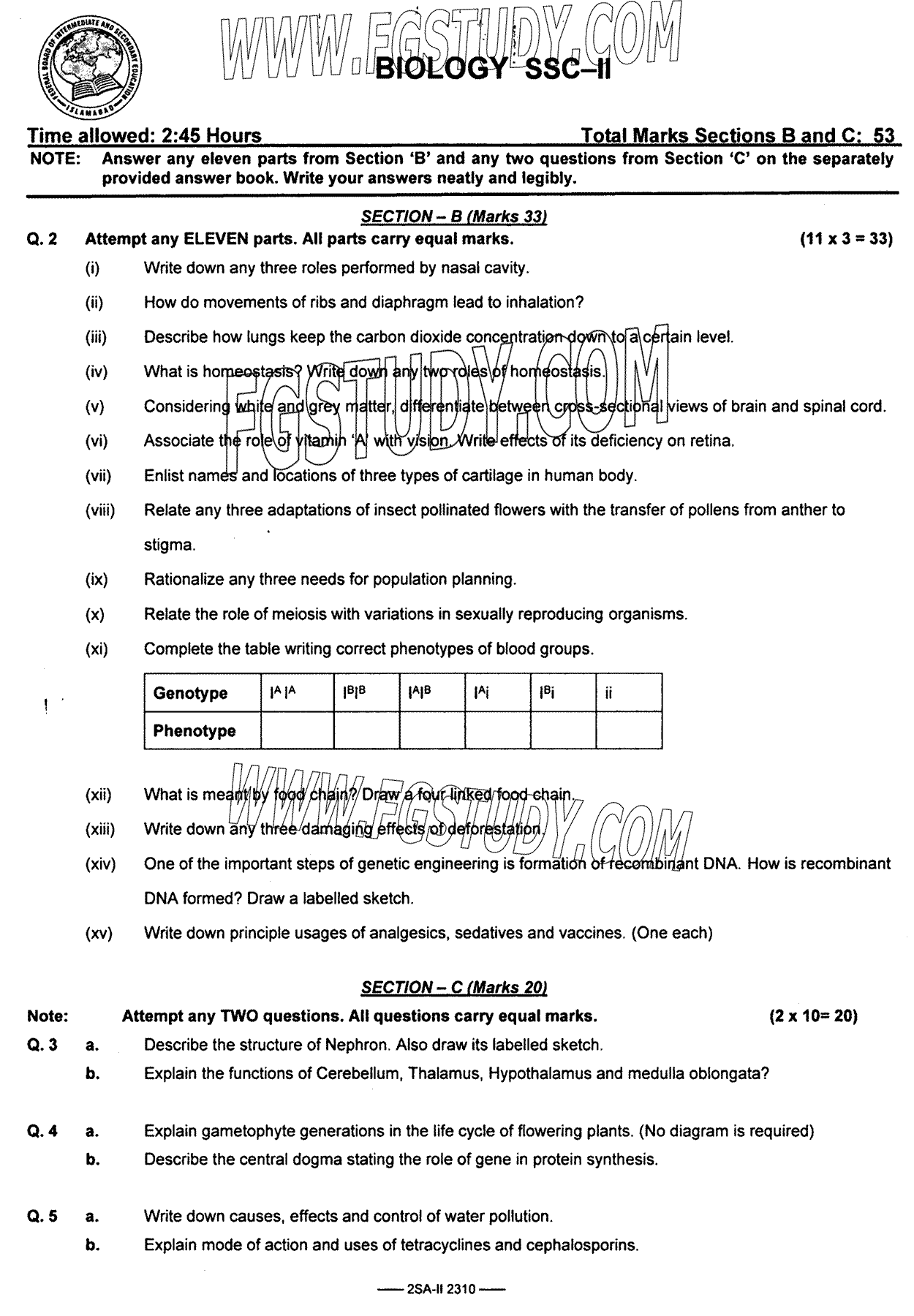 10th Class Biology Past Paper 2023 Federal Board Islamabad Subjective