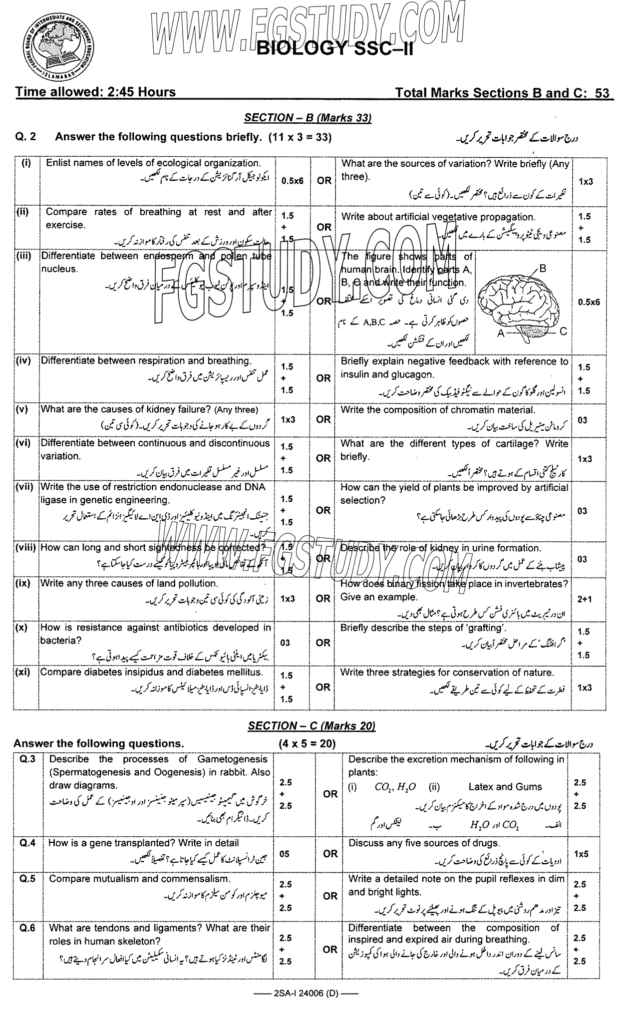 10th Class Biology Past Paper 2024 Federal Board Islamabad Group 2 Subjective
