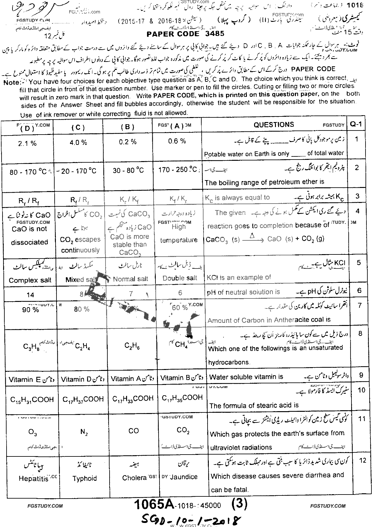 10th Class Chemistry Past Paper 2018 Sargodha Board Group 1 Objective
