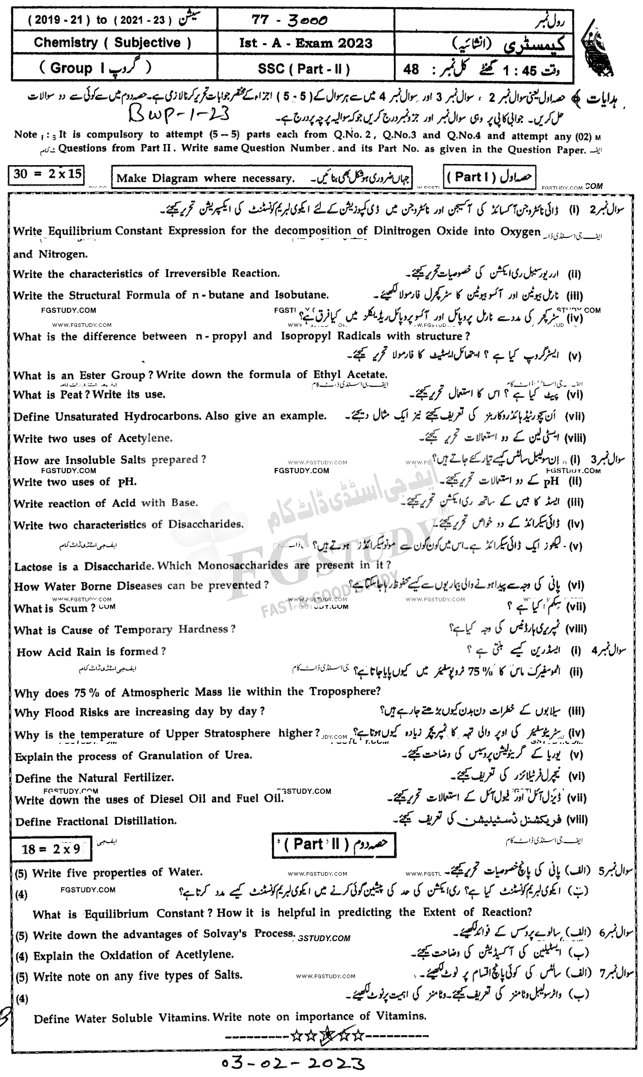 10th Class Chemistry Past Paper 2023 Bahawalpur Board Group 1 Subjective