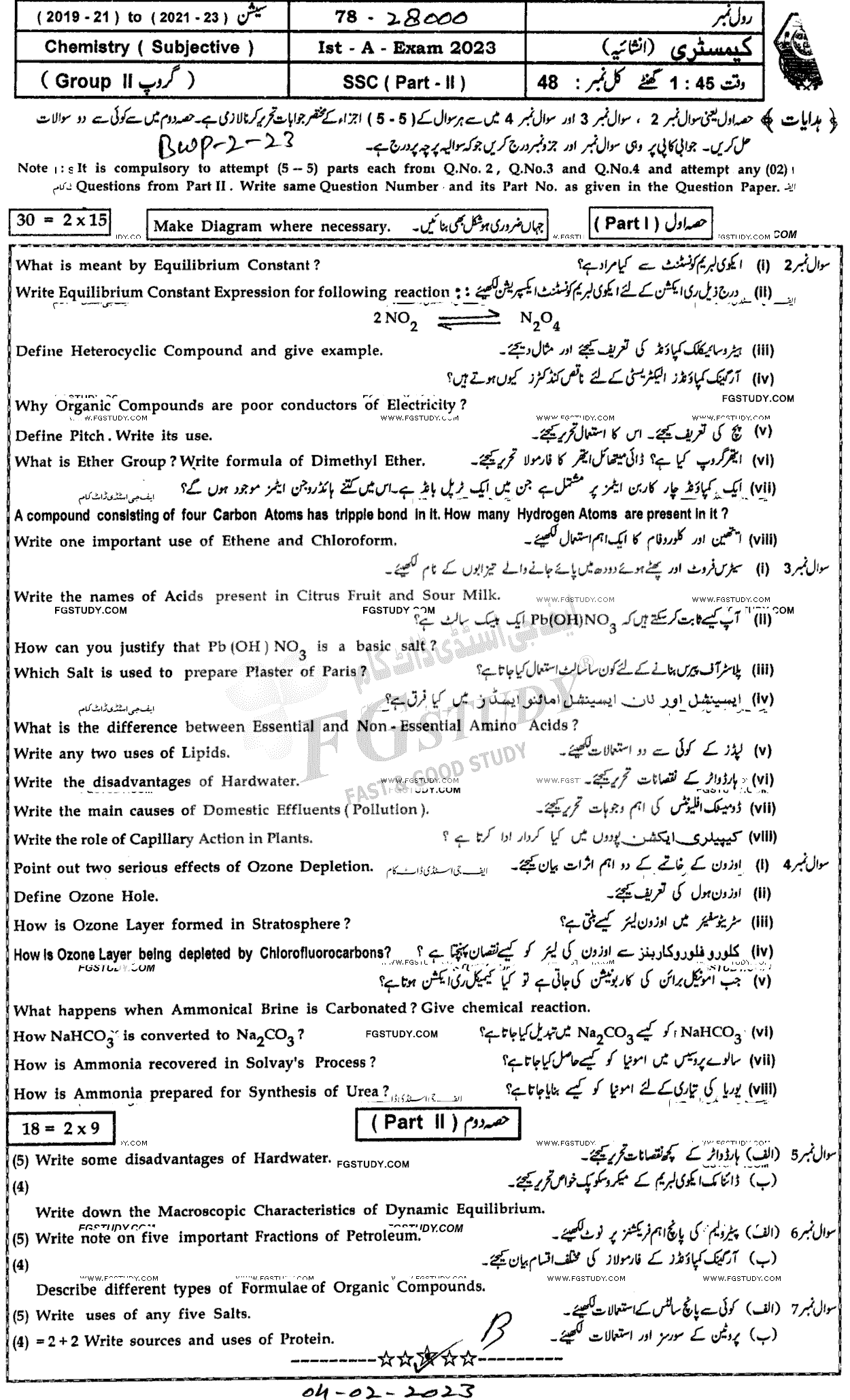 10th Class Chemistry Past Paper 2023 Bahawalpur Board Group 2 Subjective