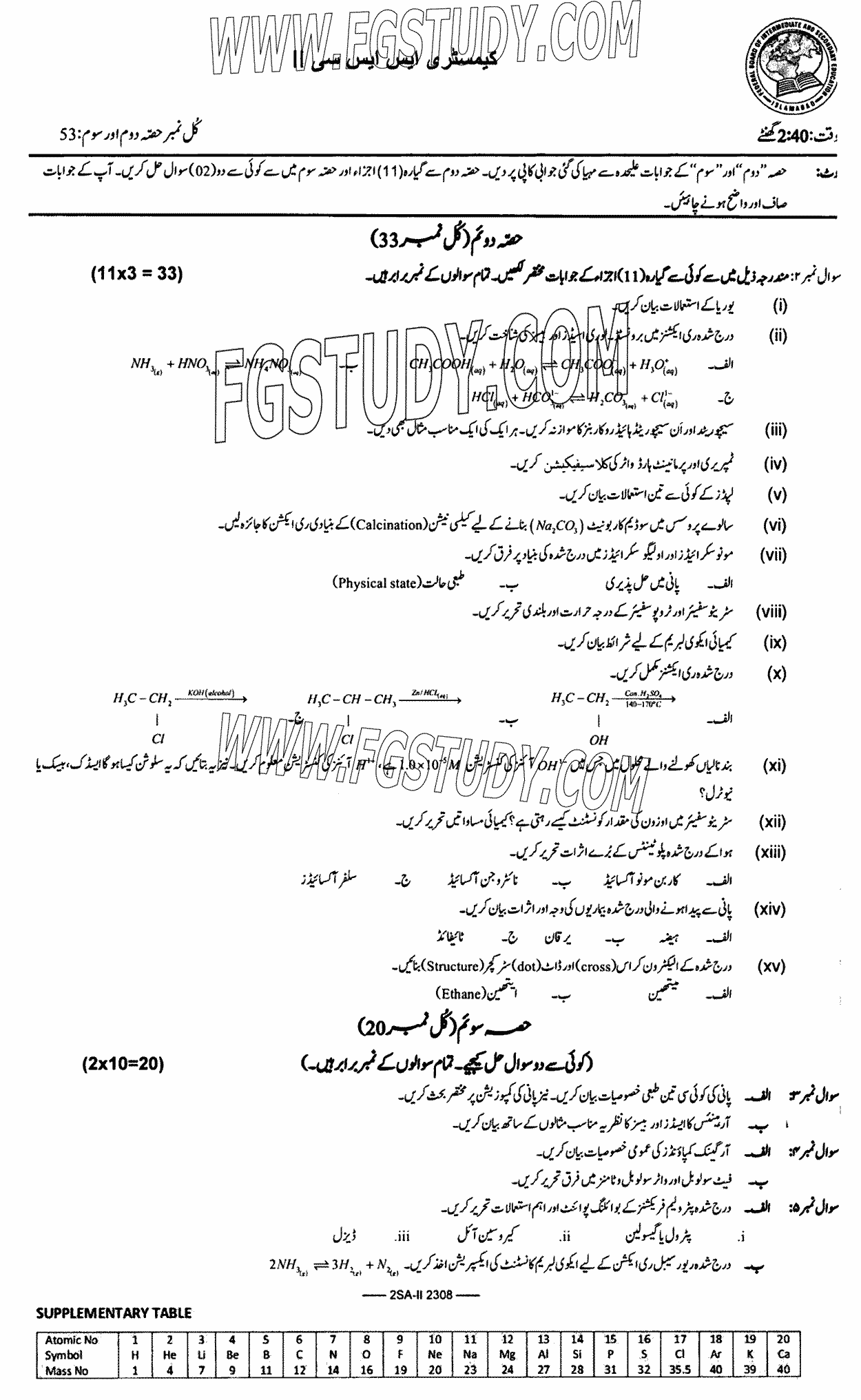 10th Class Chemistry Past Paper 2023 Federal Board Islamabad Subjective