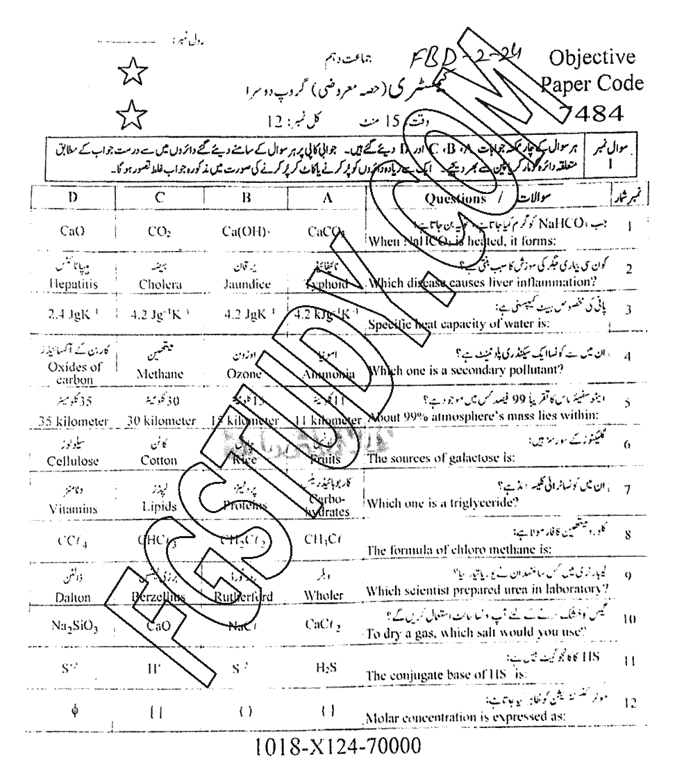 10th Class Chemistry Past Paper 2024 Faisalabad Board Group 2 Objective