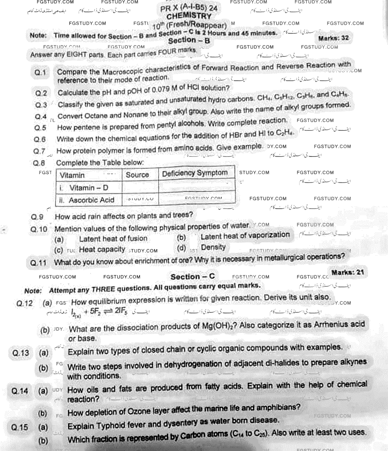 10th Class Chemistry Past Paper 2024 Peshawar Board Subjective