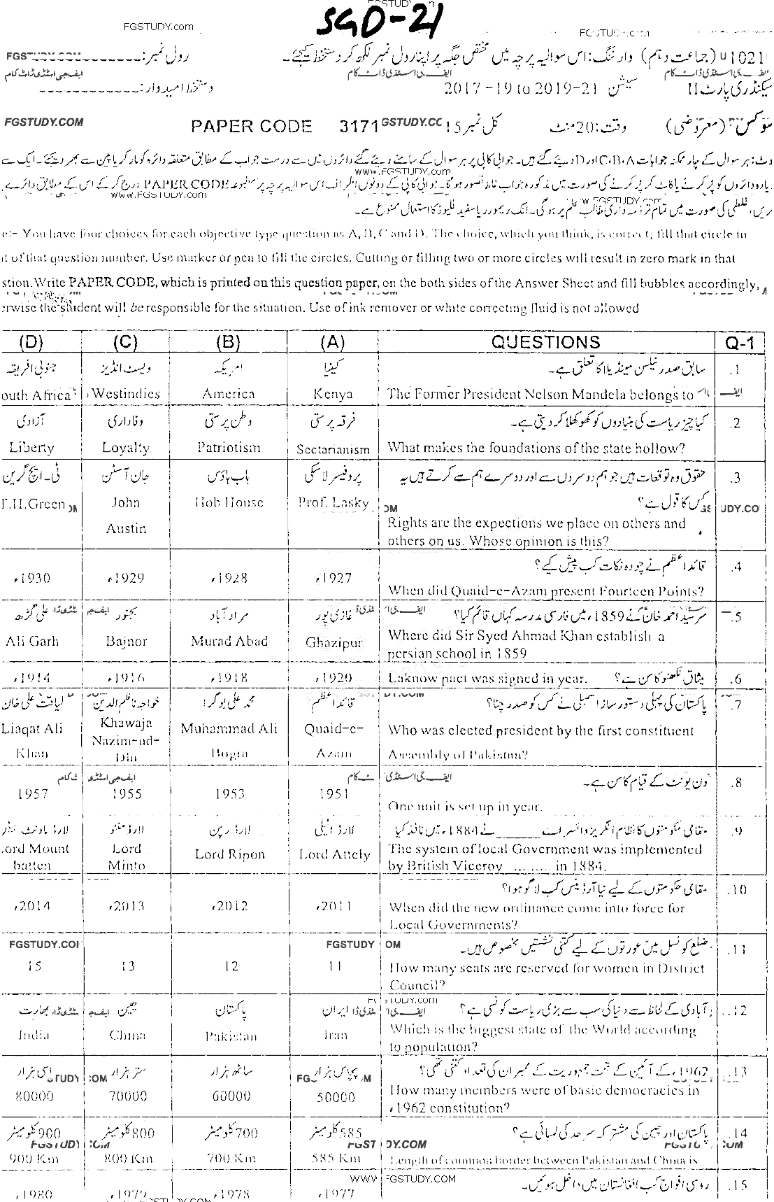 10th Class Civics Past Paper 2021 Sargodha Board Objective