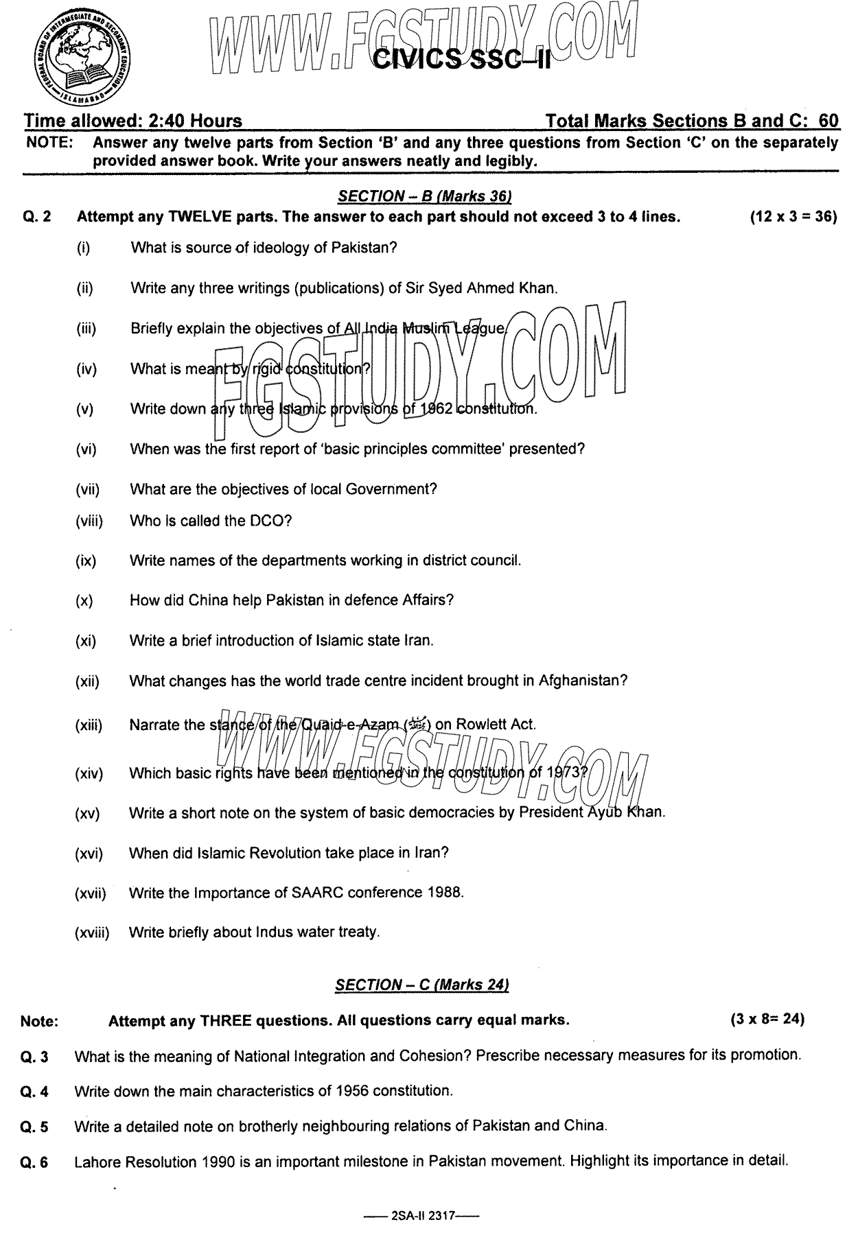 10th Class Civics Past Paper 2023 Federal Board Islamabad Subjective