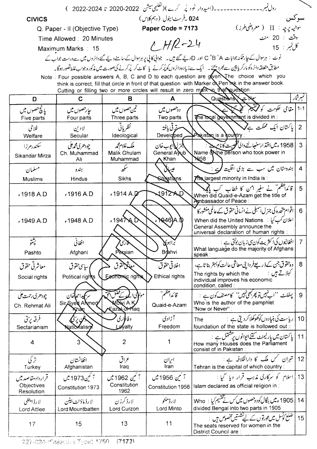 10th Class Civics Past Paper 2024 Lahore Board Objective