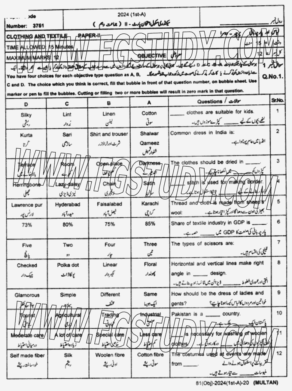10th Class Clothing And Textile Past Paper 2024 Multan Board Objective