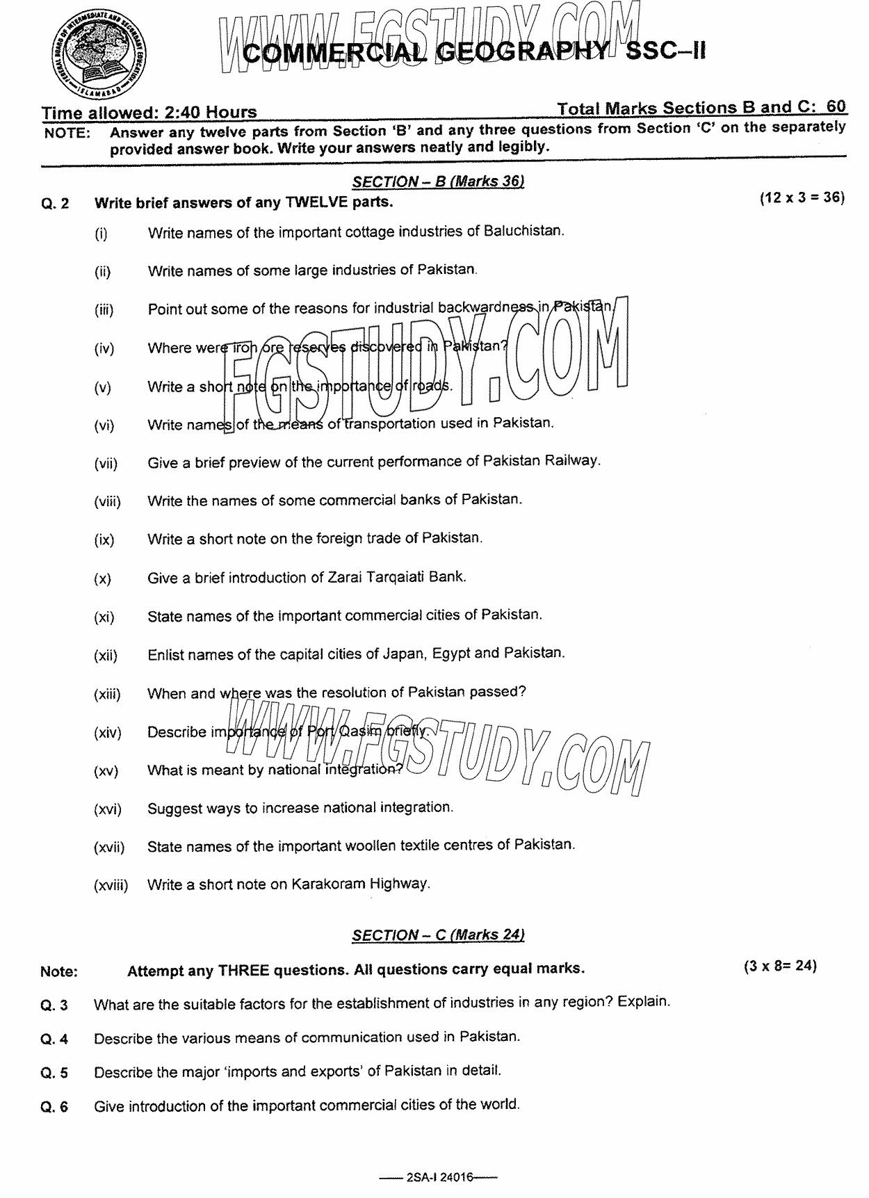 10th Class Commercial Geography Past Paper 2024 Federal Board Islamabad Subjective