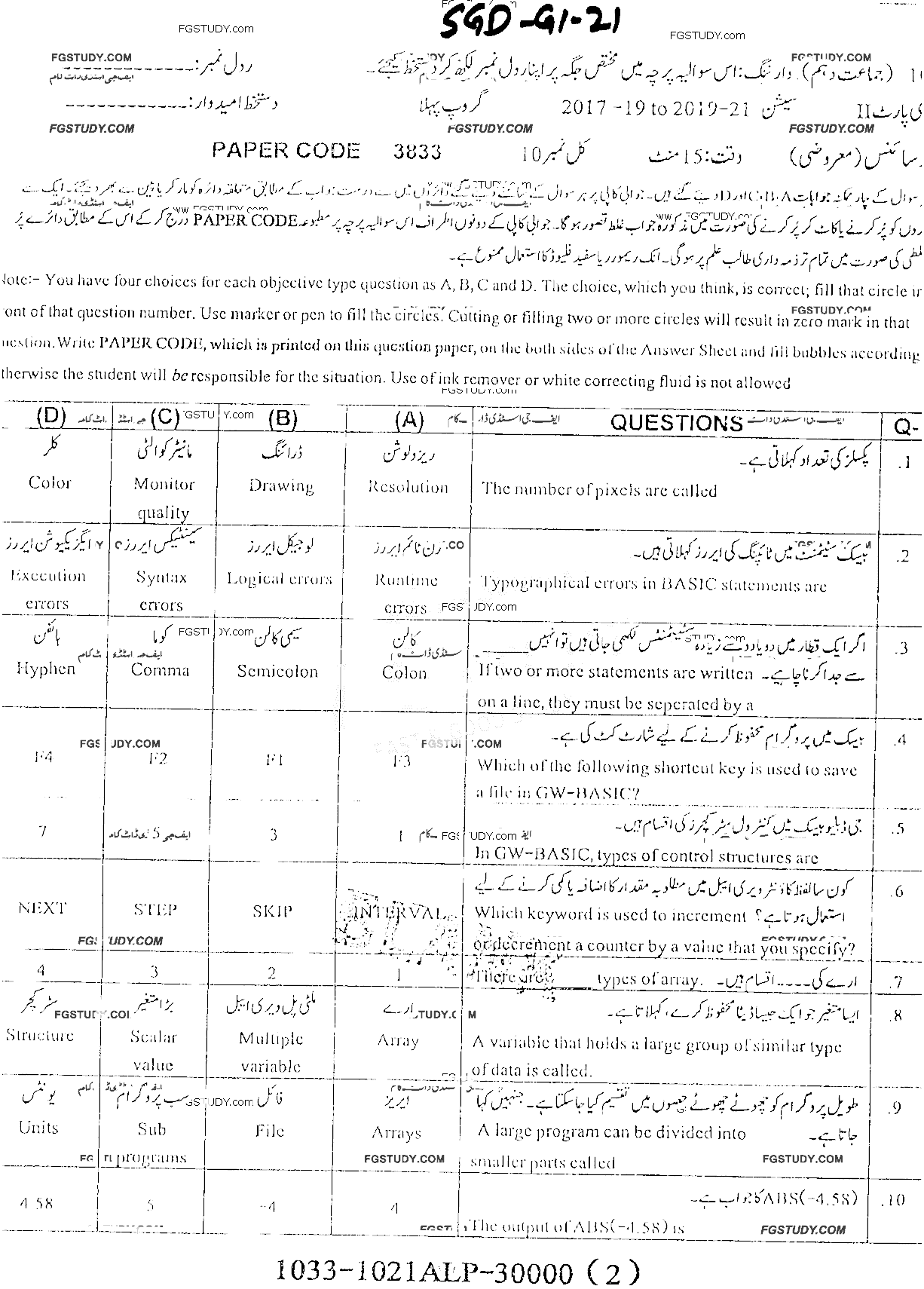 10th Class Computer Science Past Paper 2021 Sargodha Board Group 1 Objective