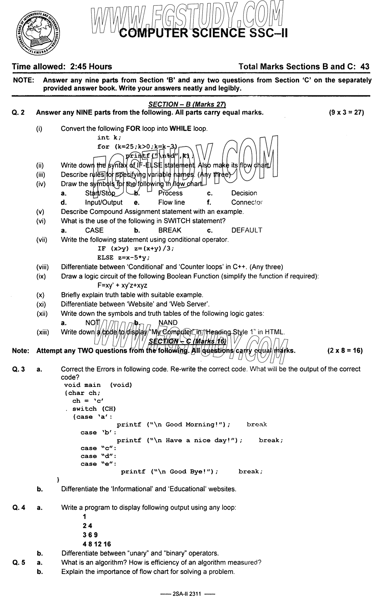 10th Class Computer Science Past Paper 2023 Federal Board Islamabad Subjective