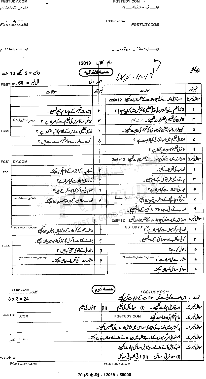 10th Class Education Past Paper 2019 Dg Khan Board Subjective