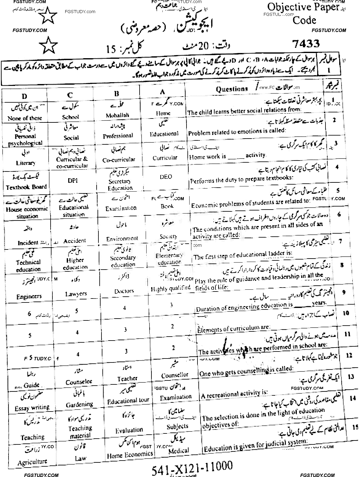 10th Class Education Past Paper 2021 Faisalabad Board Objective