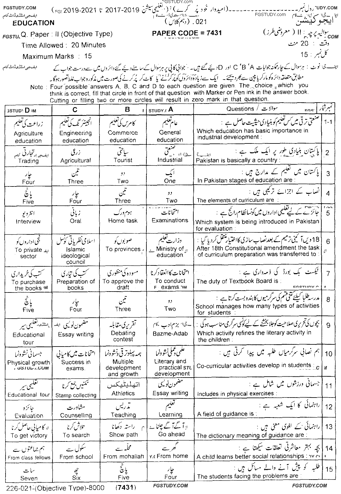 10th Class Education Past Paper 2021 Lahore Board Objective