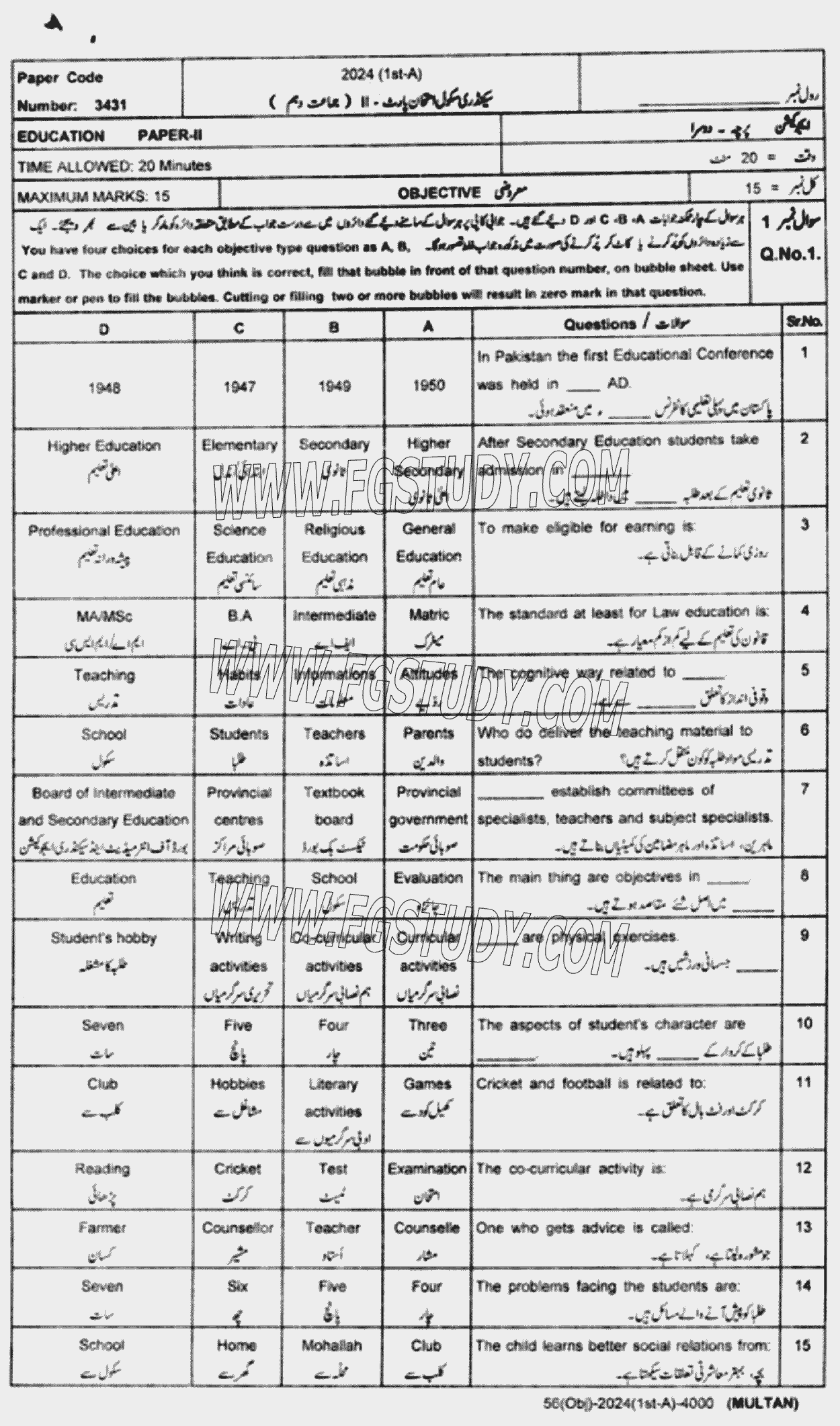 10th Class Education Past Paper 2024 Multan Board Objective