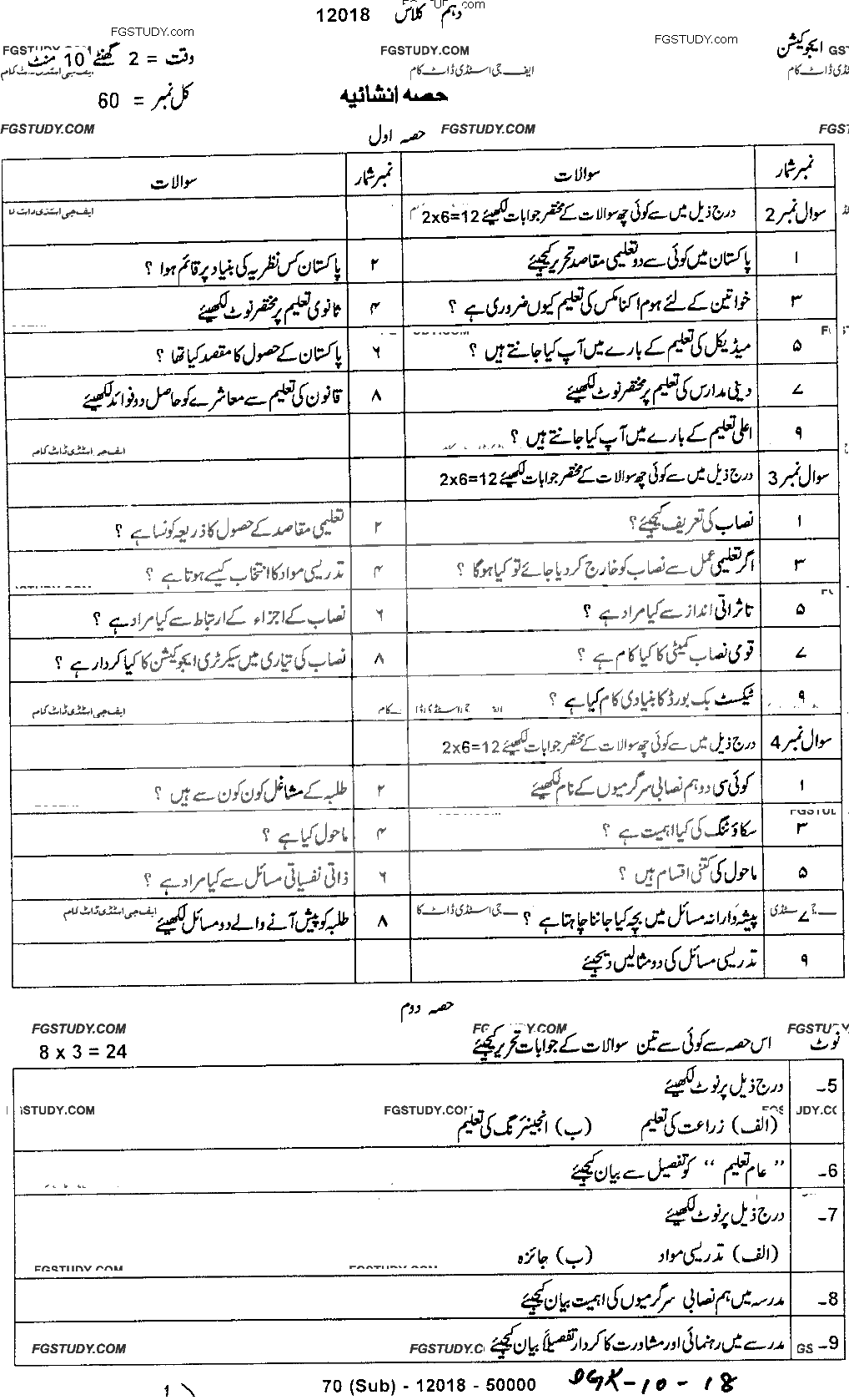 10th Class Education Past Paper 2018 Dg Khan Board Subjective