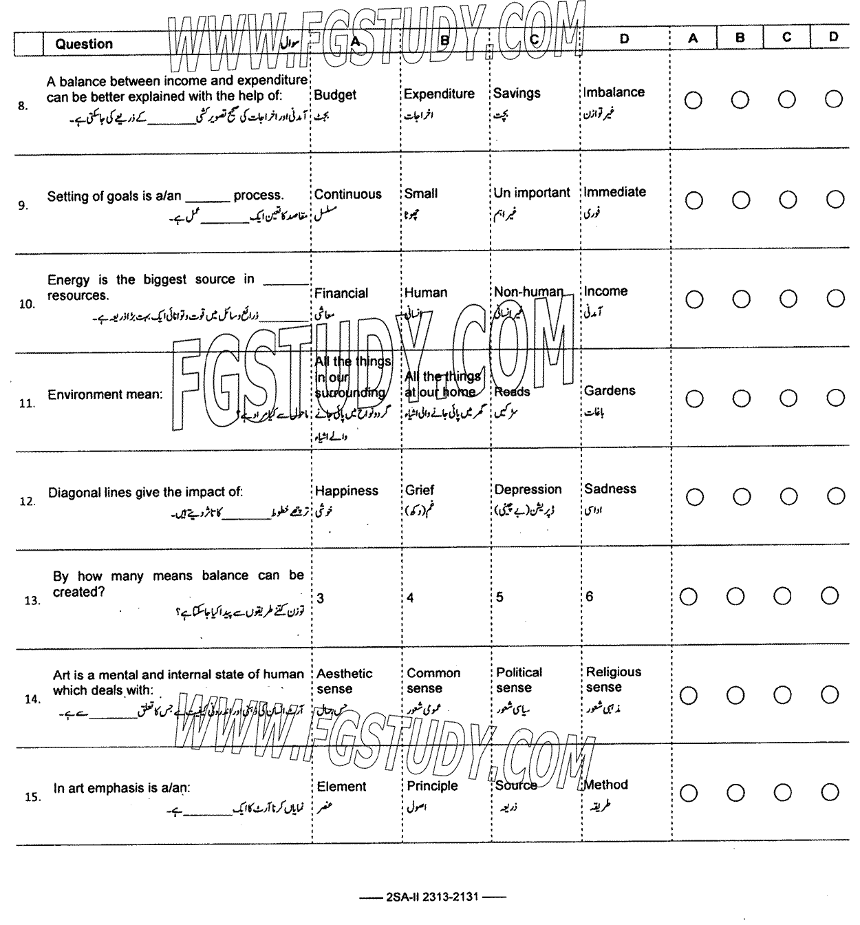 10th Class Elements Of Home Economics Past Paper 2023 Federal Board Islamabad Objective