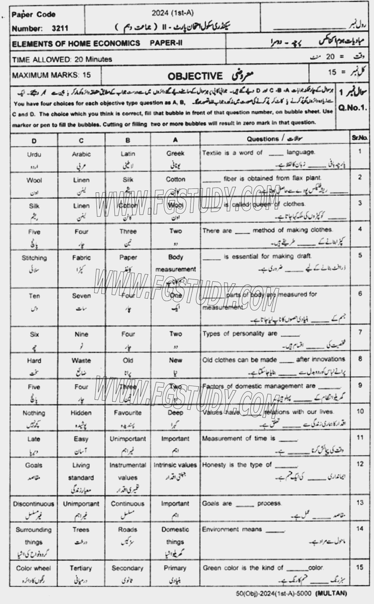 10th Class Elements Of Home Economics Past Paper 2024 Multan Board Objective