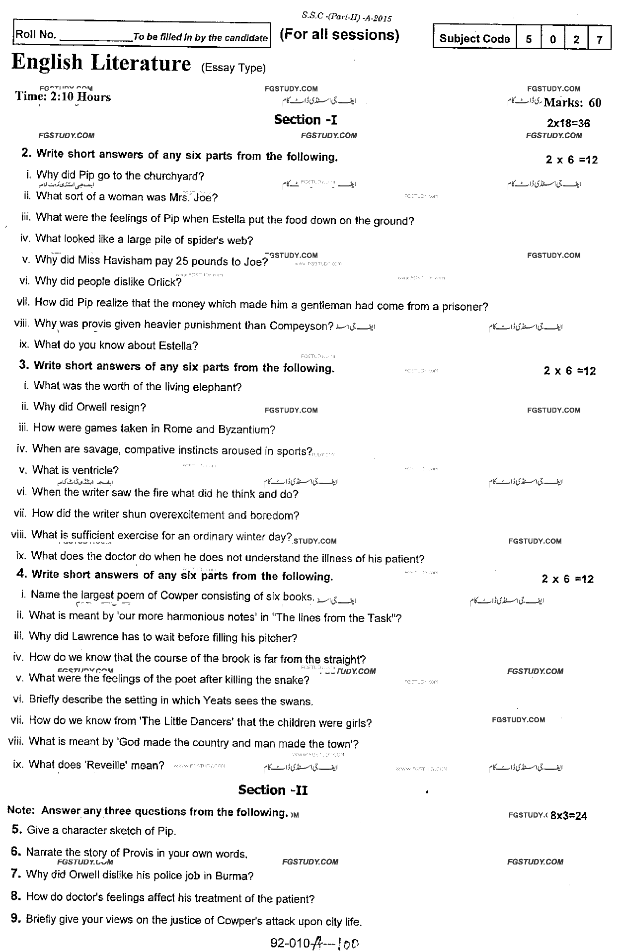 10th Class English Literature Past Paper 2015 Rawalpindi Board Subjective