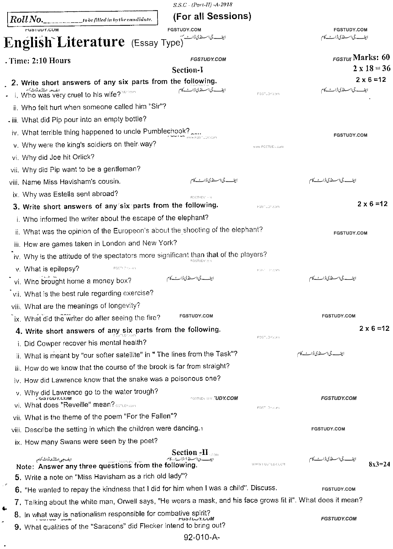 10th Class English Literature Past Paper 2018 Rawalpindi Board Subjective