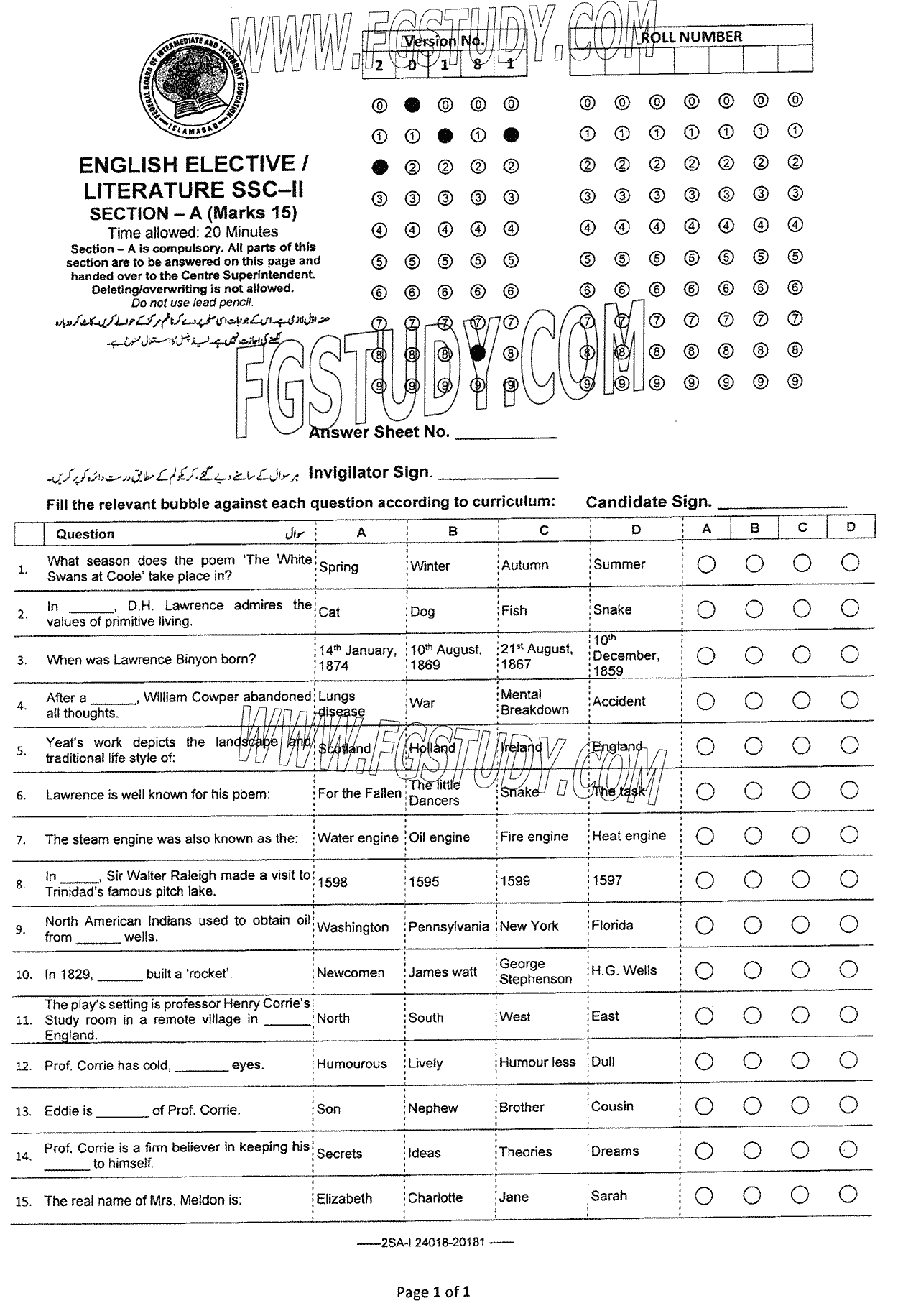 10th Class English Literature Past Paper 2024 Federal Board Islamabad Objective