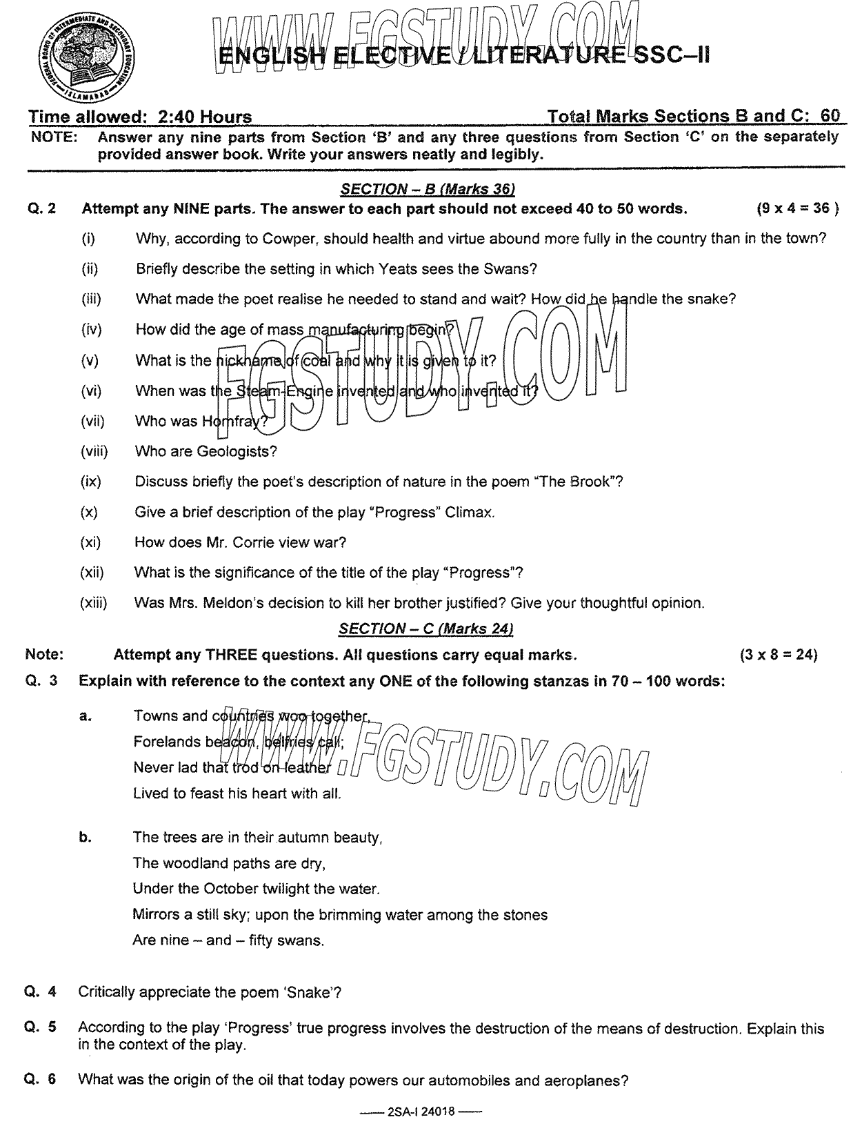 10th Class English Literature Past Paper 2024 Federal Board Islamabad Subjective