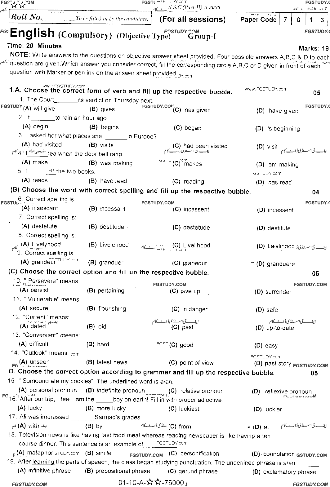 10th Class English Past Paper 2020 Rawalpindi Board Group 1 Objective