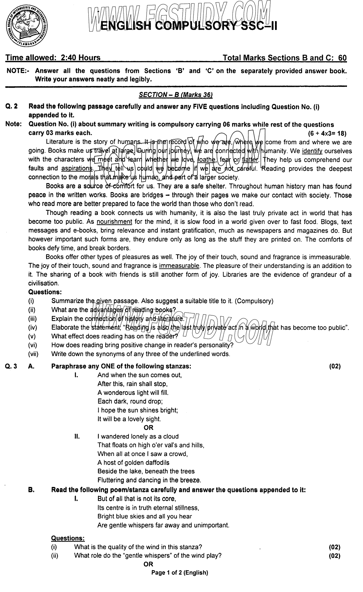 10th Class English Past Paper 2023 Federal Board Islamabad Subjective