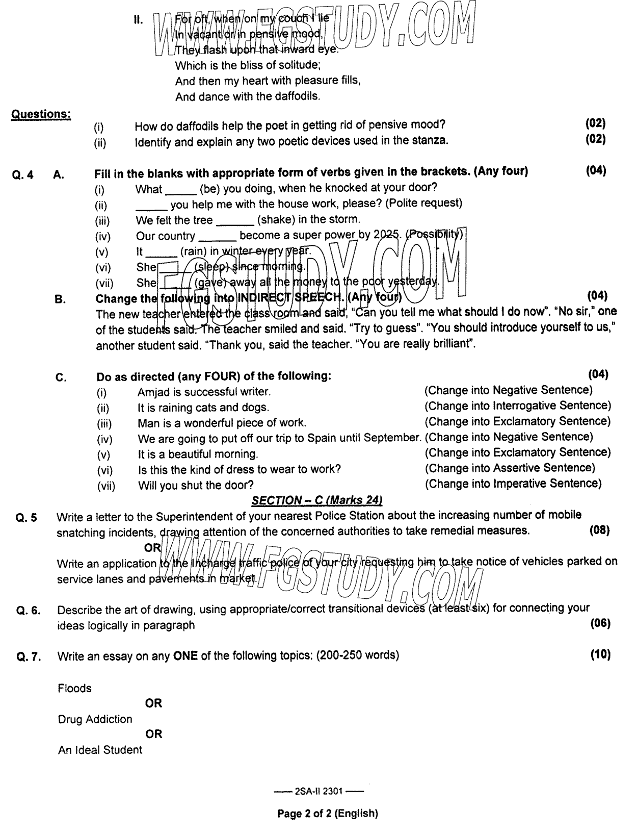 10th Class English Past Paper 2023 Federal Board Islamabad Subjective