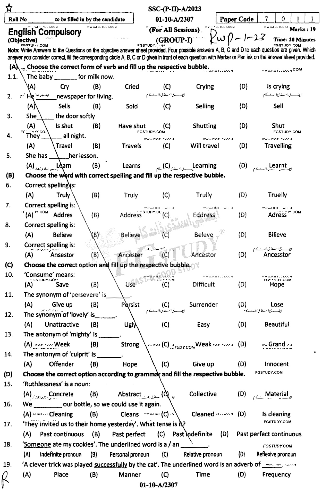 10th Class English Past Paper 2023 Rawalpindi Board Group 1 Objective